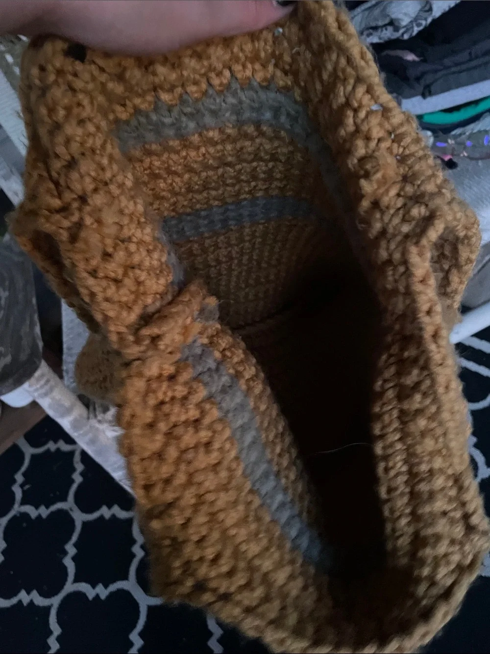 Hand Made Crochet Tote Bag in Kodak Yellow with Moss Green Stripes 🫶🏻